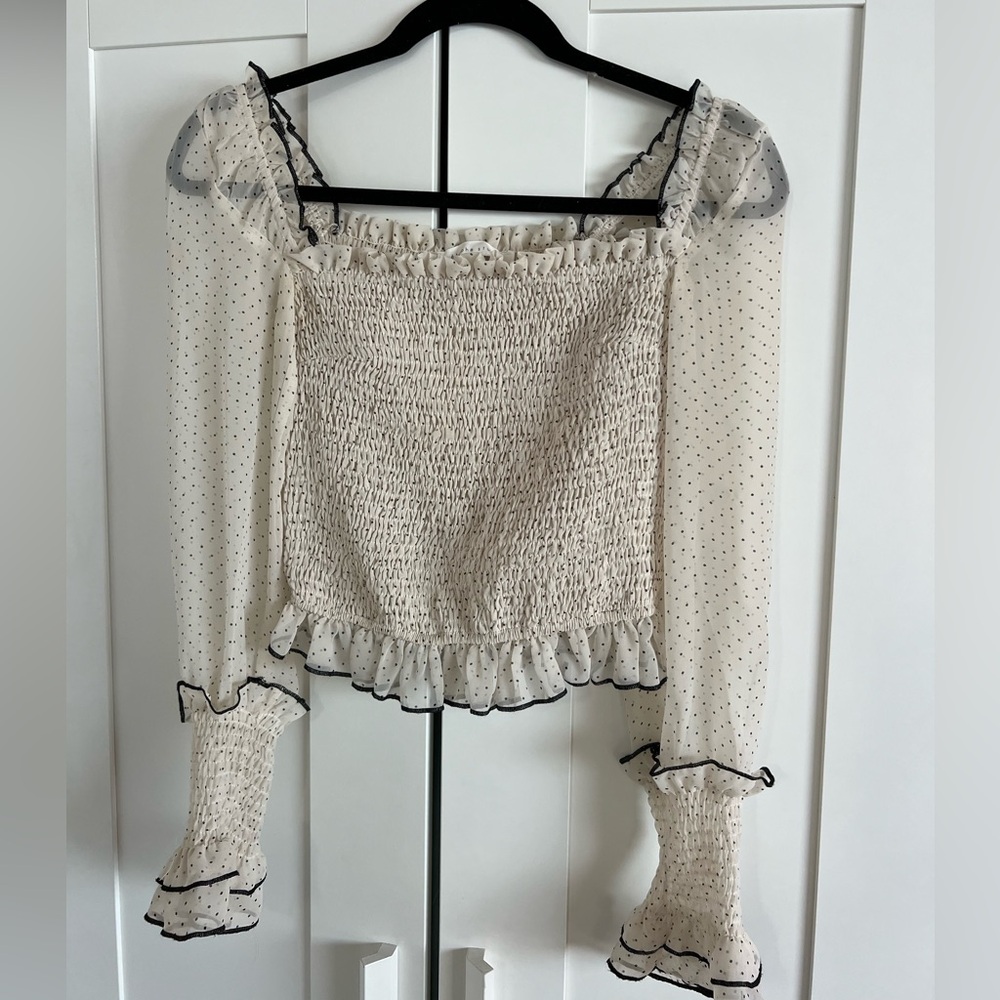 Chic Sheer Long Sleeve Black White Polka Dot Blouse Top